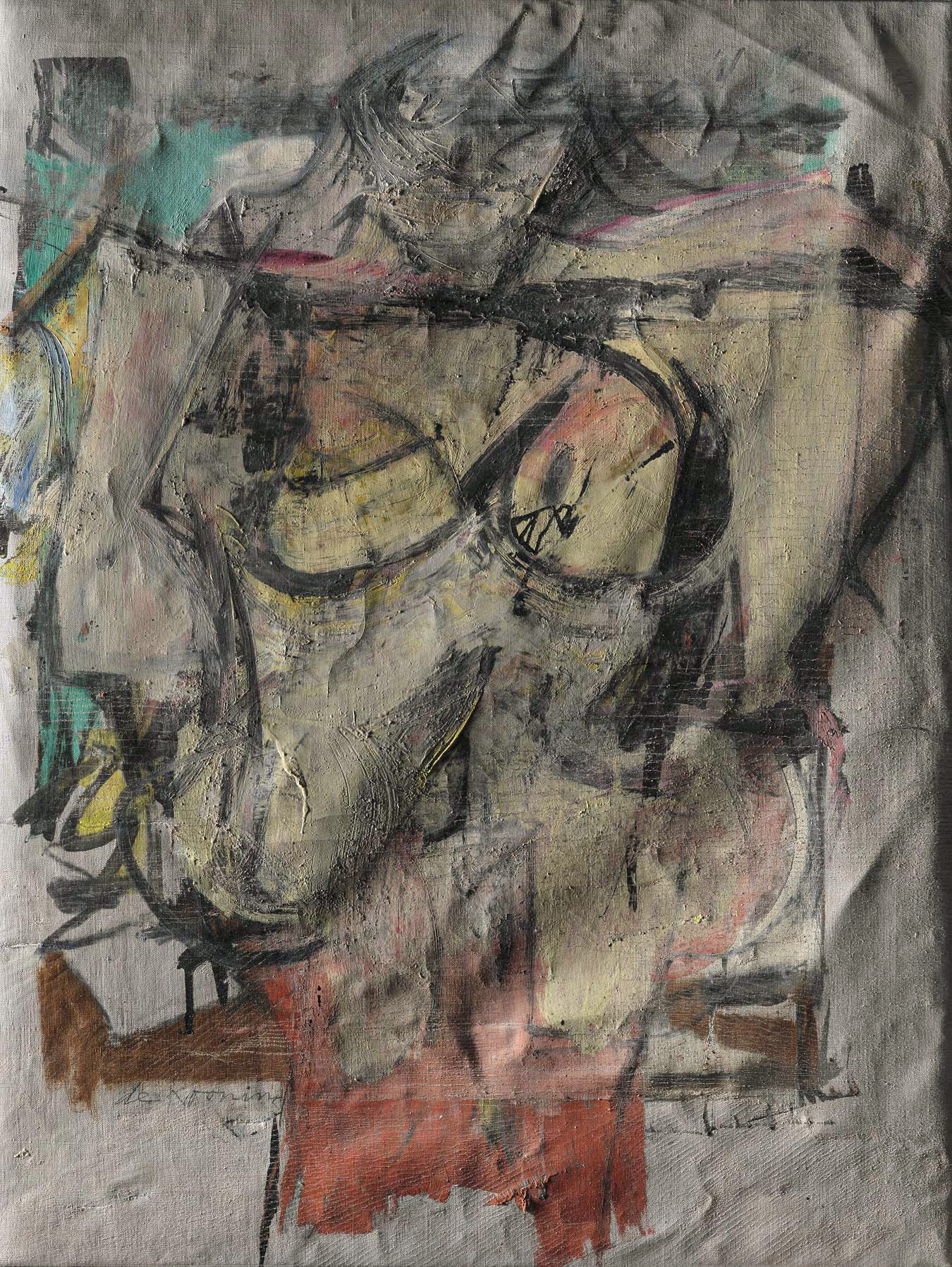 <em>Woman-Ochre</em>, seen in raking light, after its recovery and before conservation efforts began. <em>Woman-Ochre</em>, 1954–55, Willem de Kooning. Oil on canvas. Collection of The University of Arizona Museum of Art, Tucson; Gift of Edward J. Gallagher, Jr. Artwork © 2021 The Willem de Kooning Foundation / Artists Rights Society (ARS), New York Woman-Ochre, seen in raking light, after its recovery and before conservation efforts began. Woman-Ochre, 1954–55, Willem de Kooning. Oil on canvas. Collection of The University of Arizona Museum of Art, Tucson; Gift of Edward J. Gallagher, Jr. Artwork © 2021 The Willem de Kooning Foundation / Artists Rights Society (ARS), New York