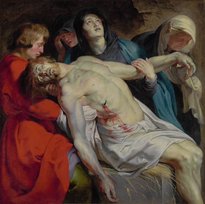 <i>The Entombment</i>, about 1612, Peter Paul Rubens. Oil on canvas, 51 5/8 × 51 1/4 in. Getty Museum, 93.PA.9 Oil on canvas painting depicting Christ the moment after the Crucifixion.
