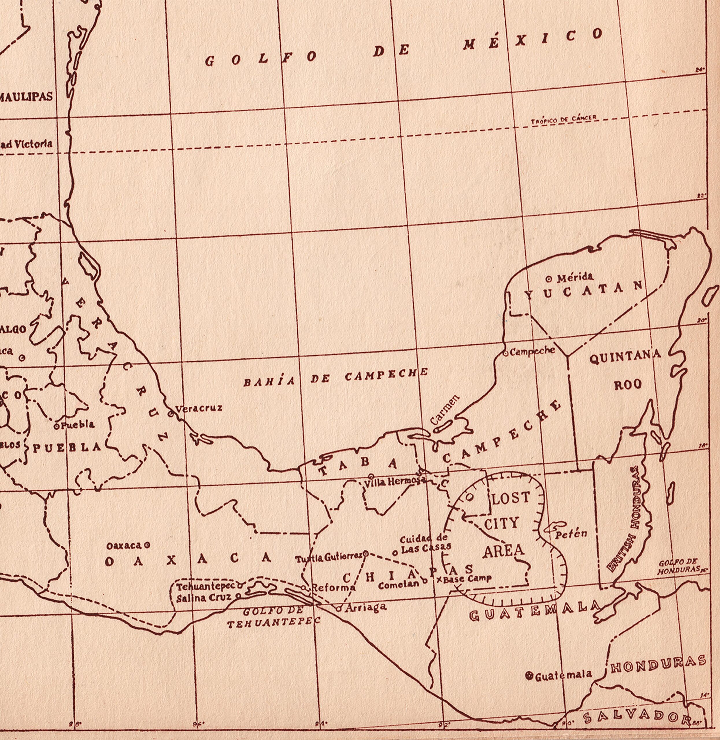 The area of the “Lost City.” From Dana Lamb and Ginger Lamb © Quest for the Lost City (New York: Harper, 1951). Map of the area of the "Lost City," on the border between Guatemala and Mexico.