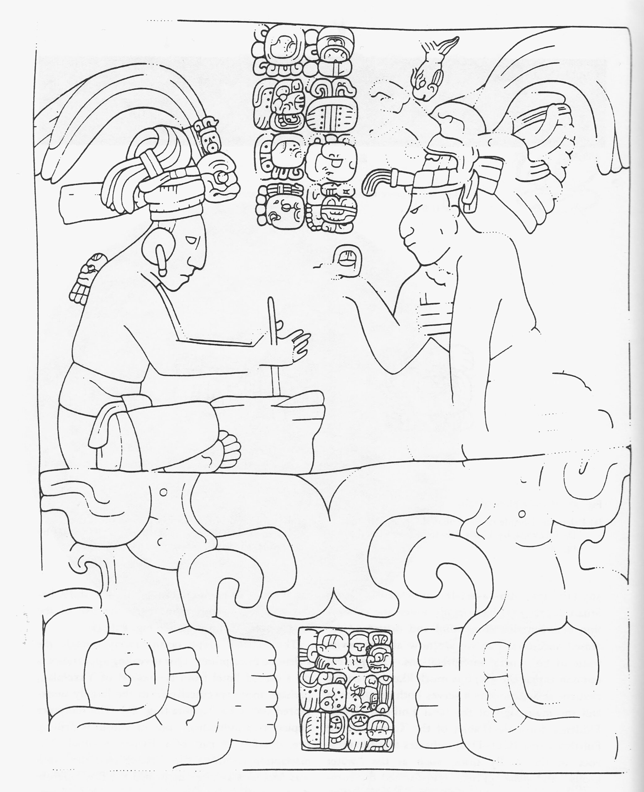 Mayuy Series Lintel 2. Guatemala, AD 769, limestone. Location unknown. Photographer unknown, ca. 1970s; © Drawing by Stephen Houston. Black and white drawing of limestone engraving Mayuy Series Lintel 2.