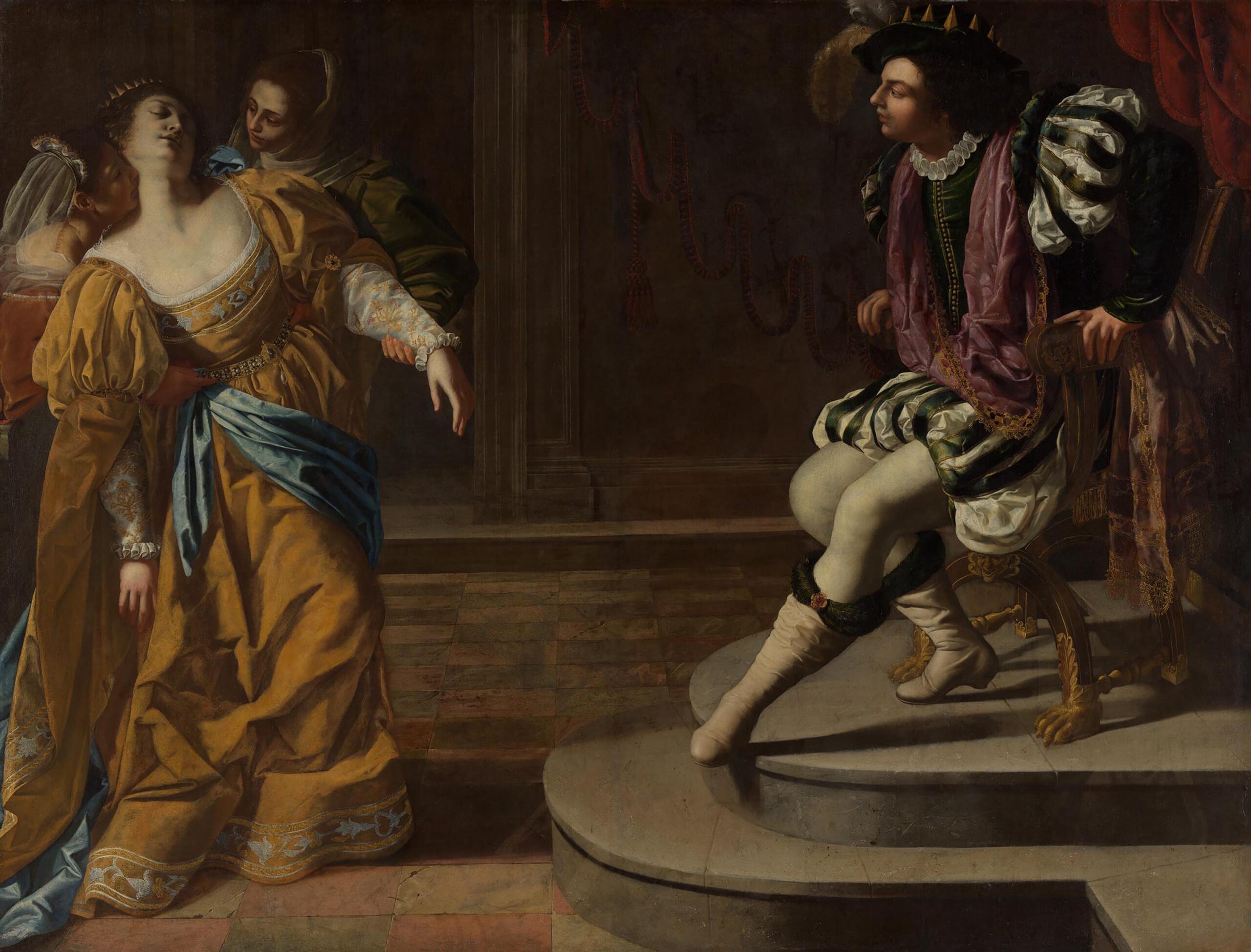 Artemisia Gentileschi, <i>Esther before Ahasuerus</i>, c. 1639, oil on canvas, 208.3 × 273.7 cm (82 × 107 3/4 in.), The Metropolitan Museum of Art, New York Oil on canvas painting of a fainting woman clad in brilliant yellow clothing, begging a man who sits on an elevated chair in luxurious clothes, to spare her people.