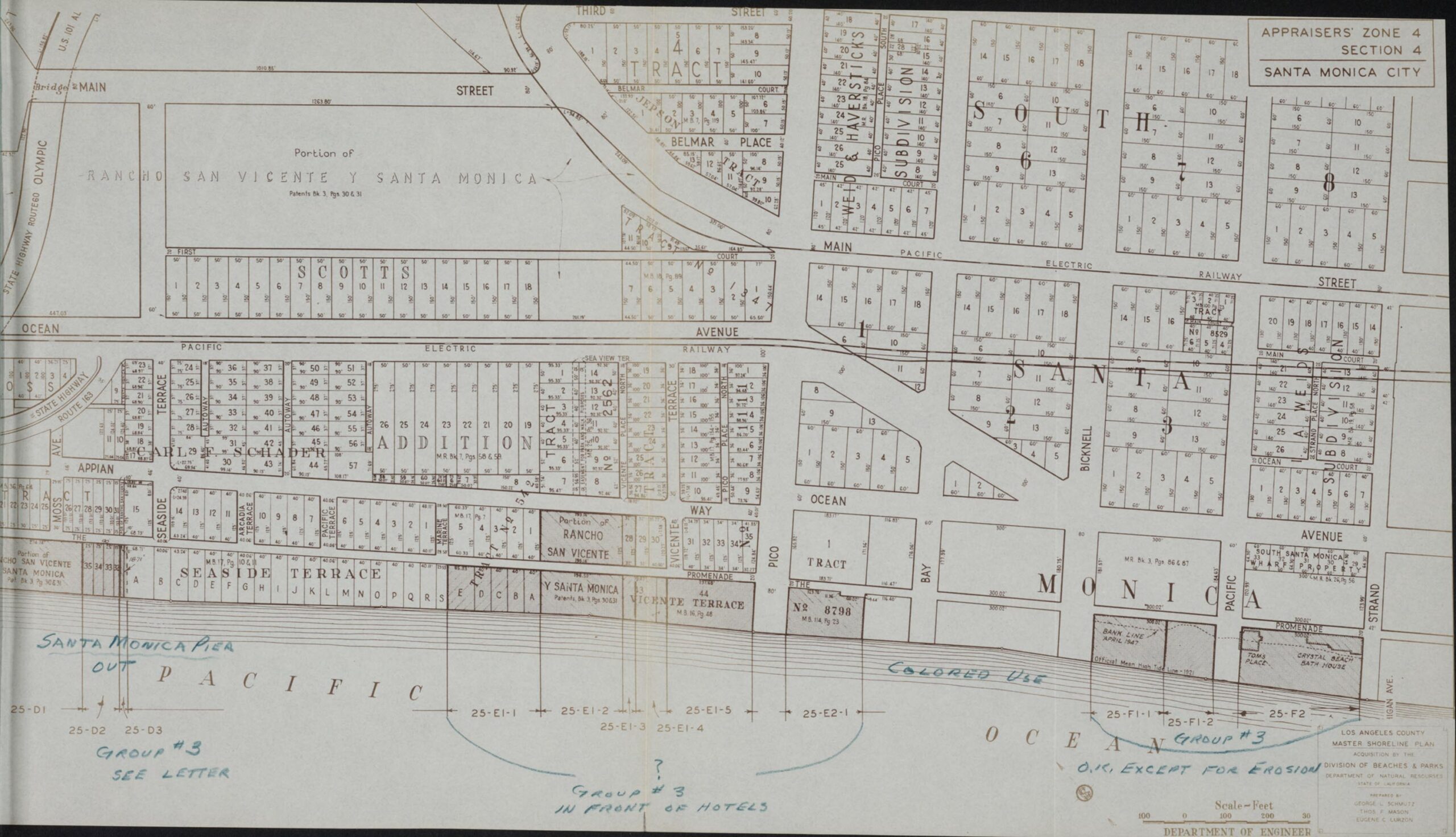 City of Santa Monica, Los Angeles County Master Plan Map, 1947, Division of Beaches and Parks, Department of Natural Resources, Department of Engineering, State of California. Note the map’s identification of the “Colored Use” beach section, adjacent to beach erosion. Photo: The University of Southern California Library Special Collections Old map of the city of Santa Monica with a beach section designated for "colored use" only