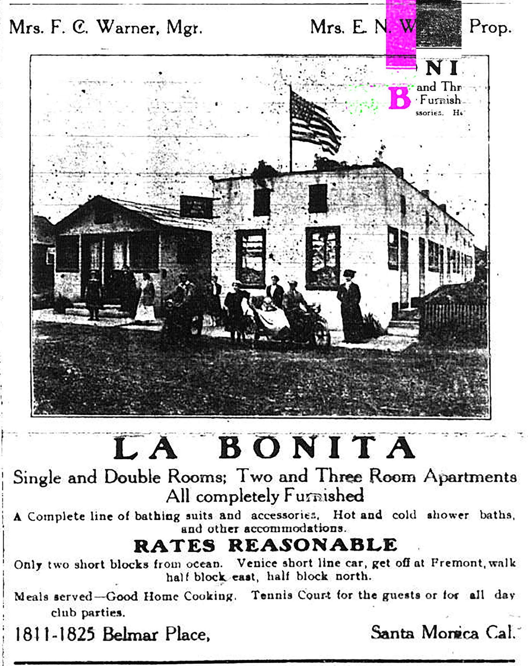 Advertisement in the <i>Los Angeles New Age</i> newspaper (August 28, 1914), describing La Bonita, a Black-owned bathhouse and lodge located at 1811-1825 Belmar Place in Santa Monica, CA. Segments of this business lasted into the 1950s, and was sometimes listed in The Negro Motorist Green Book. Photo: University of California, Berkeley Library Special Collections Black and white newspaper advertisement describing the offerings of La Bonita, a Black-owned bathhouse and lodge located at 1811-1825 Belmar Place in Santa Monica, CA