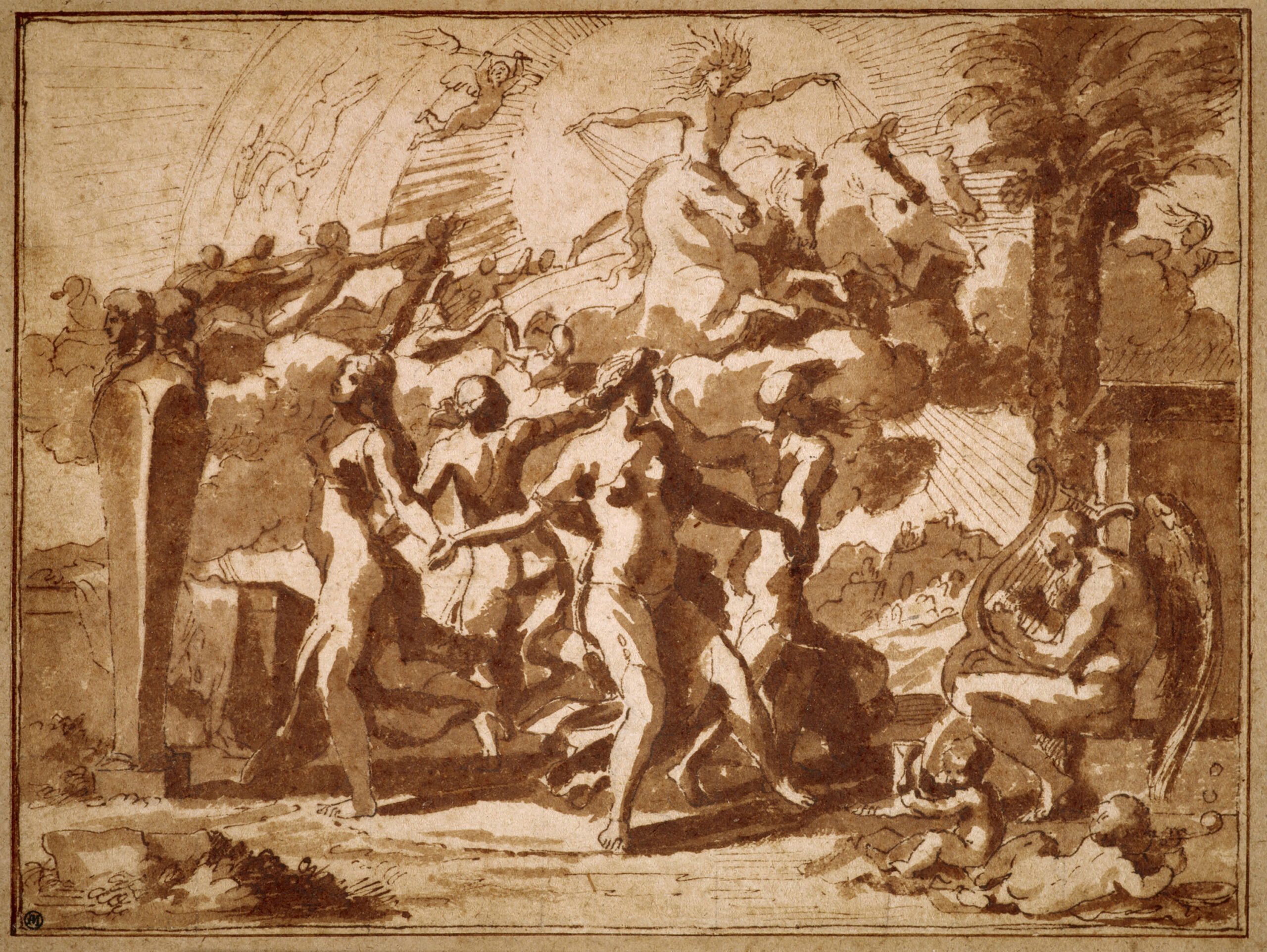 Study for <i>A Dance to the Music of Time</i>, about 1634, Nicolas Poussin, pen and brown ink and brush and brown wash over traces of black chalk on paper. National Galleries of Scotland, Edinburgh. Purchased by Private Treaty, with the aid of the Art Fund (Scottish Fund), the Pilgrim Trust, the Edith M. Ferguson Bequest and contributions from two private donors, 1984 Study for A Dance to the Music of Time, about 1634, Nicolas Poussin, pen and brown ink and brush and brown wash over traces of black chalk on paper. National Galleries of Scotland, Edinburgh. Purchased by Private Treaty, with the aid of the Art Fund (Scottish Fund), the Pilgrim Trust, the Edith M. Ferguson Bequest and contributions from two private donors, 1984