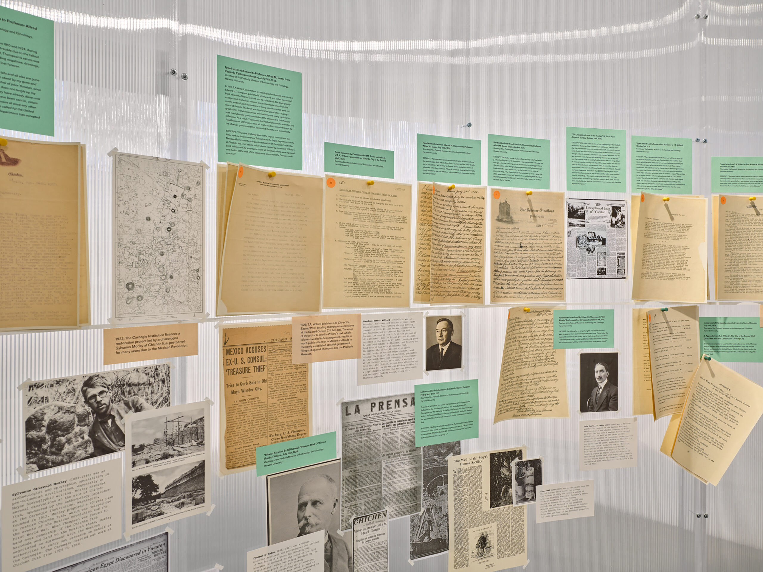 Documentation room, edited by Gala Porras-Kim and Ruth Estévez. Courtesy of the artist and Commonwealth and Council, Los Angeles and LABOR, Mexico City. Photo: Shark Senesac. An assortment of documents and photographs arrayed on a wall
