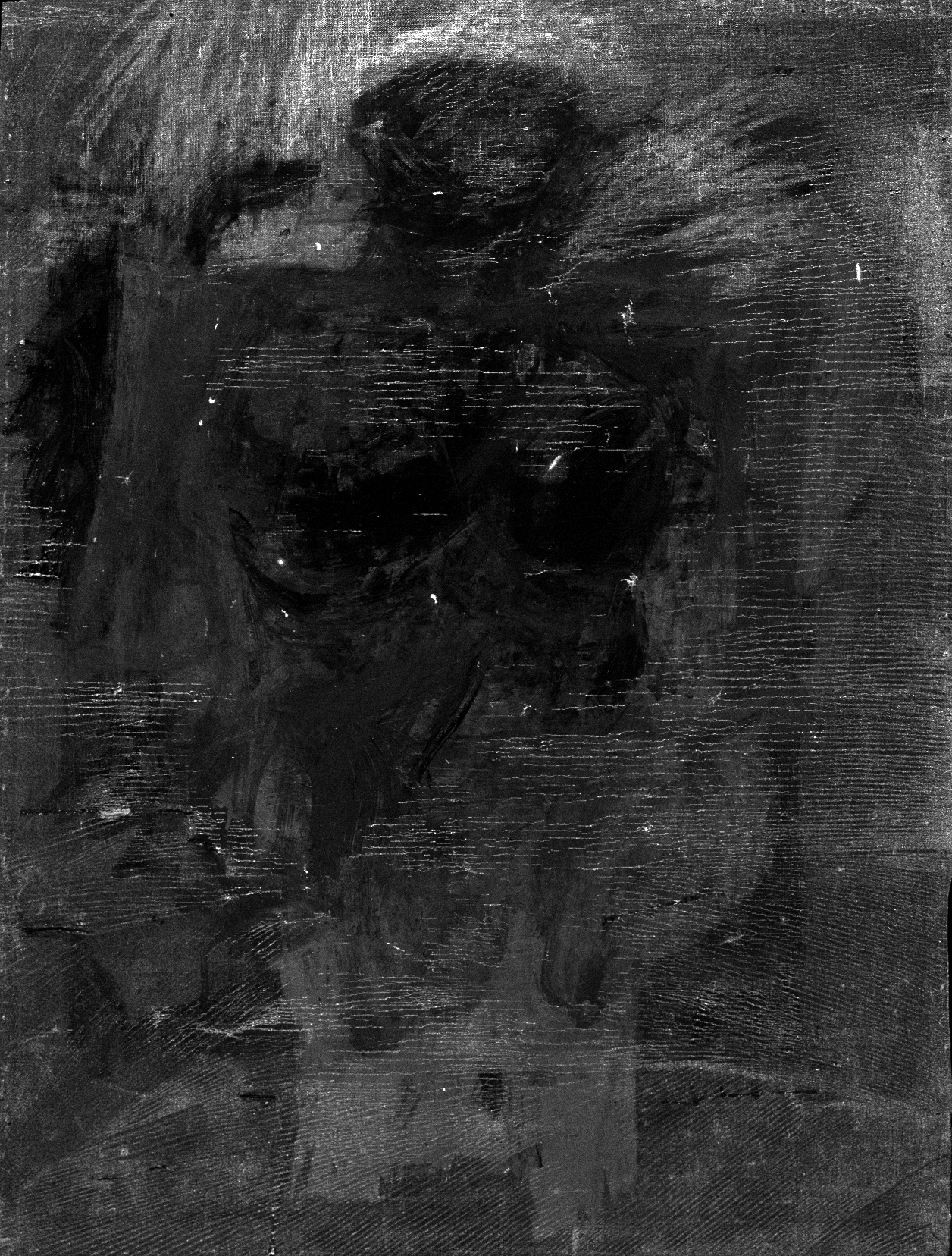 Woman-Ochre, 1954–1955, Willem de Kooning. Oil on canvas, 40 × 30 in. © 2022 The Willem de Kooning Foundation / Artists Rights Society (ARS), New York Black and white image representing the distribution of calcium in a painting and forming a kind of shadow of the painting's forms